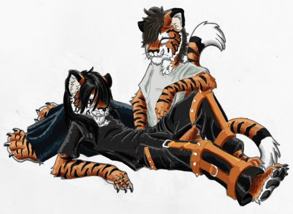 4_toes 5_fingers anthro barefoot black_body black_fur black_hair black_nose bondage_pants bottomwear claws clothed clothing dipstick_tail duo feet fingers fully_clothed fur hair inner_ear_fluff leather lying male markings multicolored_tail on_back orange_body orange_fur oversized_bottomwear oversized_clothing oversized_pants pants raised_tail shirt simple_background sitting smile stripes tail tail_markings toes topwear tuft whiskers white_background white_body white_fur hellgoddess felid mammal pantherine tiger