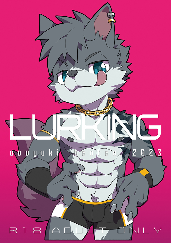 abs anthro bulge chain chain_necklace clothed clothing ear_piercing ear_ring gold_(metal) gold_chain jewelry male muscular muscular_male muscular_young necklace pecs piercing pink_background ring_piercing seductive simple_background solo tongue tongue_out topless young oouyuki_benten canid canine canis mammal wolf