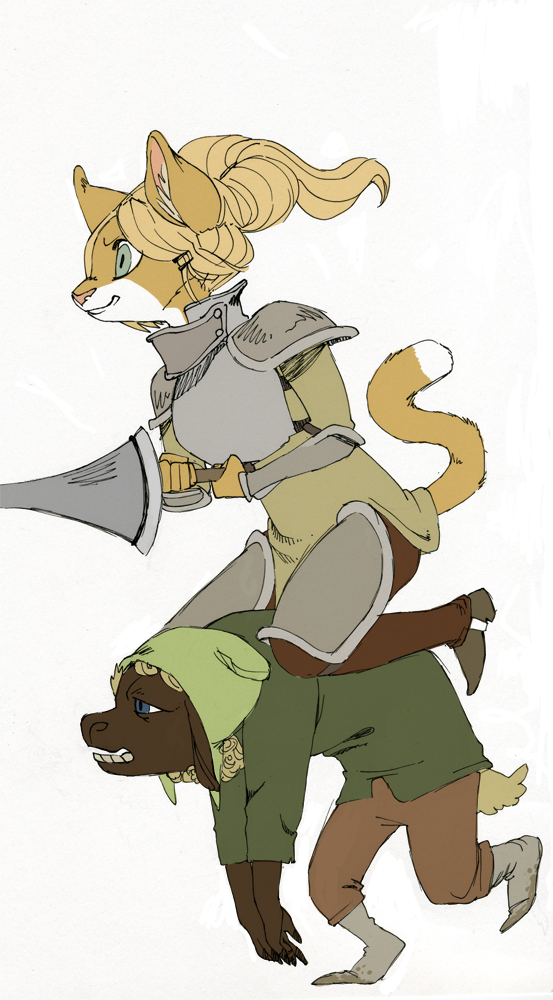 anthro armor blonde_hair carrying_another duo female fur green_eyes hair inner_ear_fluff jousting lance melee_weapon polearm tuft weapon frillybiscuits domestic_cat felid feline felis mammal