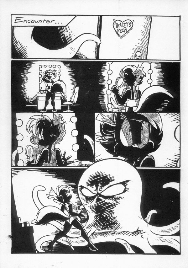 anthro duo empty_eyes female fur hair tail tentacles eric_schwartz slimy_(eric_schwartz) tracey_tailor mammal mephitid skunk tentacle_creature black_and_white comic monochrome pen_(artwork) traditional_media_(artwork)