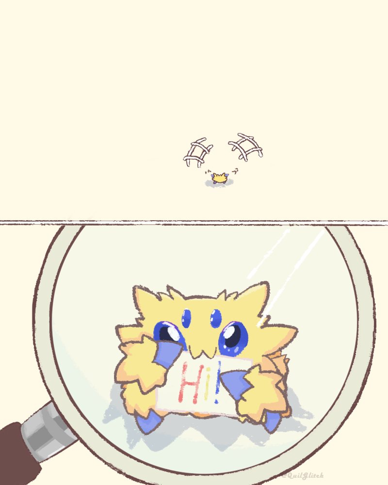 ambiguous_gender blue_eyes feral fur looking_at_viewer magnifying_glass simple_background solo text white_background yellow_body yellow_fur unknown_artist nintendo pokemon pokemon_black_and_white arachnid arthropod generation_5_pokemon joltik pokemon_(species) 4:5 english_text