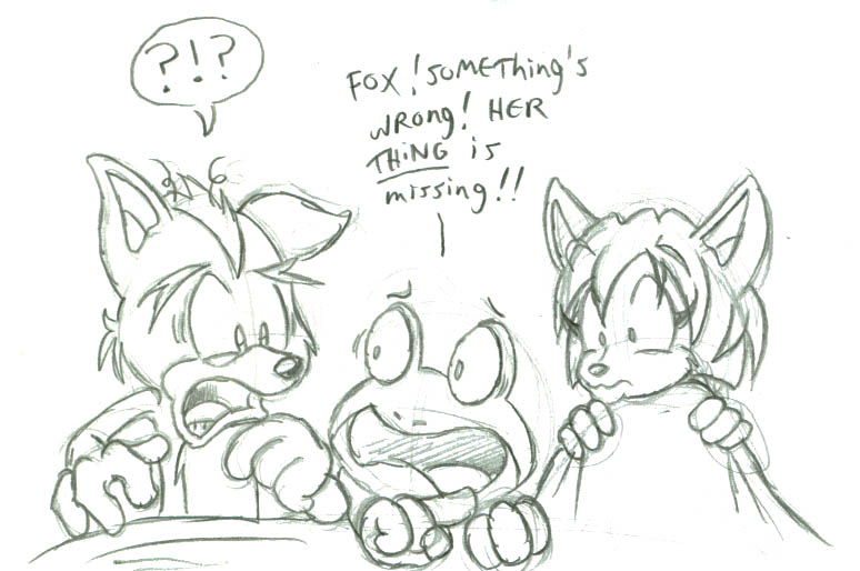 ?! anthro bed caught dialogue doing_it_wrong female fur furniture group hair humor male nude parody text unexpected what greliz nintendo star_fox fox_mccloud interloper krystal_(star_fox) slippy_toad amphibian canid canine fox frog mammal english_text monochrome