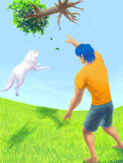 ambiguous_gender blue_hair cloth duo feral fetch fur hair humor male plant playing_fetch quadruped tail tree white_body white_fur wood unknown_artist toriko_(series) terry_cloth toriko battle_wolf canid canine canis human mammal wolf digital_media_(artwork) digital_painting_(artwork) painting_(artwork)