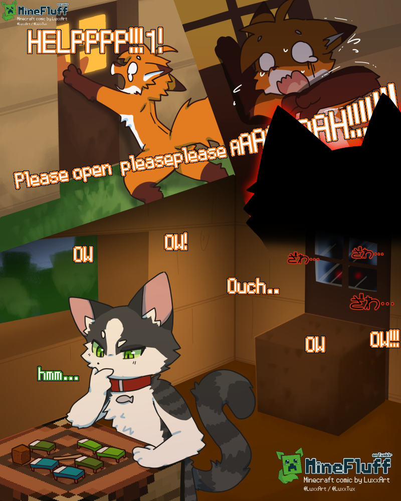 3_panel_comic ambiguous_gender anthro black_body black_fur bodily_fluids brown_body brown_fur collar dialogue dipstick_ears door ear_markings flying_sweatdrops fur gloves_(marking) grass green_eyes humor inner_ear_fluff leg_markings markings multicolored_ears nude open_mouth orange_body orange_fur plant scared silhouette socks_(marking) sweat sweatdrop text thinking tuft white_body white_fur luxx microsoft minecraft mojang xbox_game_studios canid canine canis cat_(minecraft) domestic_cat felid feline felis fox fox_(minecraft) mammal red_fox true_fox wolf wolf_(minecraft) 2024 4:5 comic digital_drawing_(artwork) digital_media_(artwork) english_text