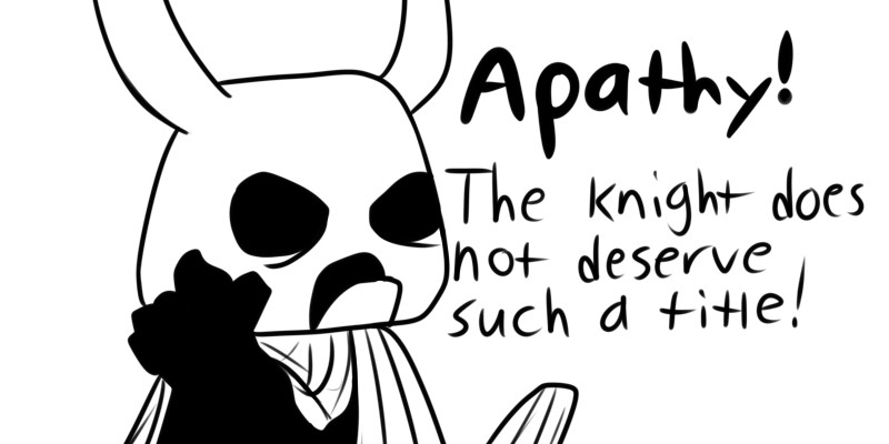 2_horns biped black_eyes black_text cloak clothing dialogue exclamation_point fingers horn male open_mouth simple_background solo standing text weapon white_background white_head skeletorskeletonized hollow_knight team_cherry zote_(hollow_knight) arthropod 2020 2:1 digital_media_(artwork) english_text monochrome