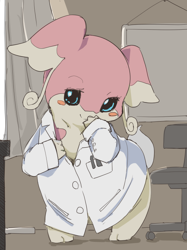 anthro biped blush clothing coat female lab_coat looking_at_viewer pose seductive smile solo standing topwear yatosuke nintendo pokemon audino generation_5_pokemon pokemon_(species) 3:4 unavailable_at_source