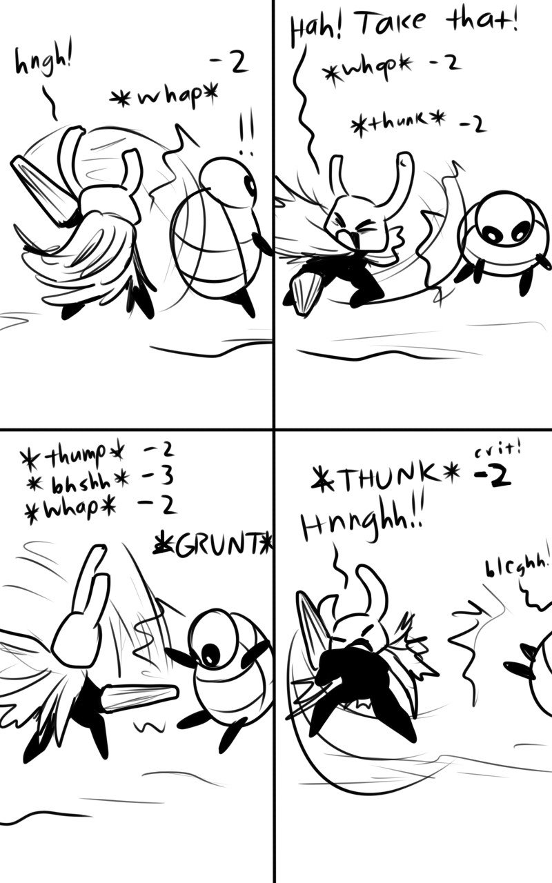 2_horns 4_panel_comic ambiguous_gender attack biped black_body cloak clothing duo exclamation_point eyes_closed holding_melee_weapon holding_object holding_weapon horn male melee_weapon motion_lines open_mouth pose simple_background sound_effects standing weapon white_background white_head skeletorskeletonized hollow_knight team_cherry zote_(hollow_knight) arthropod 2020 5:8 comic digital_media_(artwork) hi_res monochrome