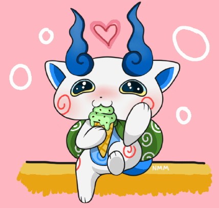 anthro bag biped blue_body blue_countershading blue_eyes blue_fur blue_inner_ear blush countershading dessert eating food fur heart_symbol ice_cream male multicolored_eyes pink_background simple_background sitting solo two_tone_eyes white_body white_fur yellow_eyes fairypockets asian_mythology east_asian_mythology japanese_mythology level-5 mythology nintendo yo-kai_watch komasan foo_dog komainu mammal yokai low_res