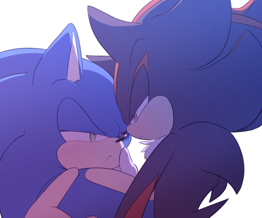 anthro black_body black_fur blue_body blue_fur blush duo eye_contact fur green_eyes looking_at_another male male/male red_body red_eyes red_fur simple_background white_background sikai sega sonic_the_hedgehog_(series) shadow_the_hedgehog sonic_the_hedgehog eulipotyphlan hedgehog mammal 6:5