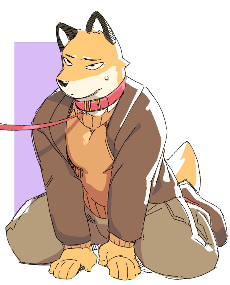 anthro bodily_fluids bottomwear clothed clothing collar footwear fully_clothed hands_on_ground male pants prick_ears red_collar shoes simple_background solo sweat sweatdrop berseepon09 odd_taxi fuyuki_yamamoto_(odd_taxi) canid canine fox mammal red_fox true_fox 2021