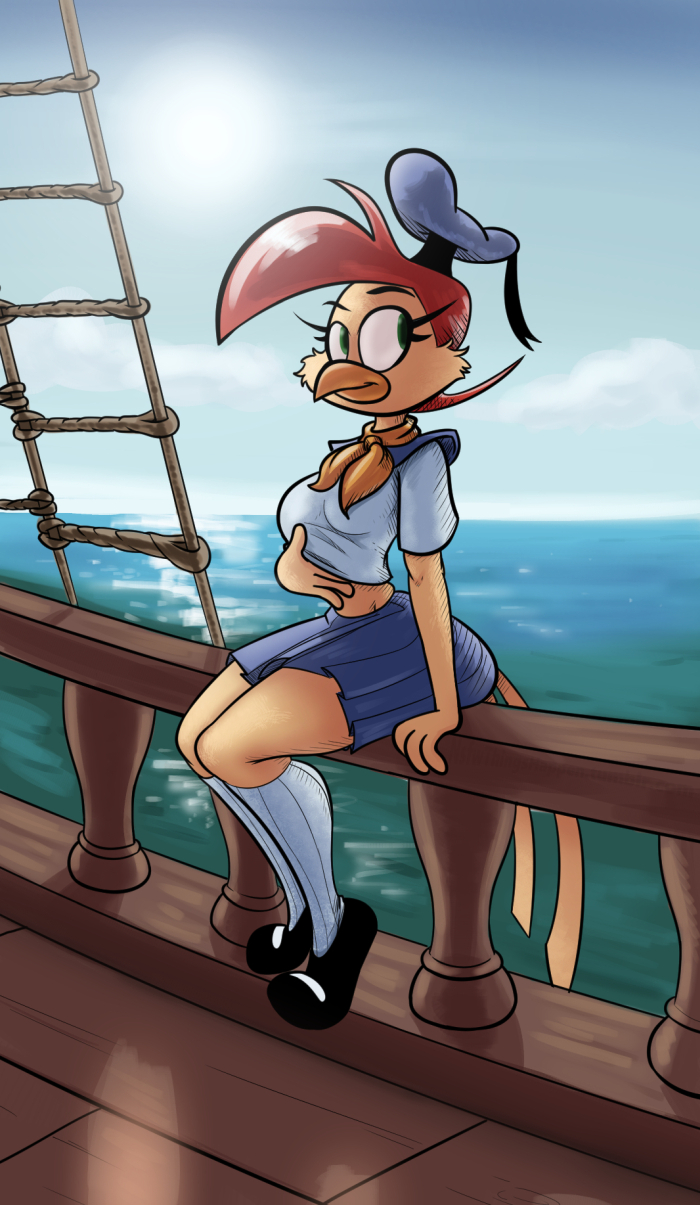 anthro beak breasts clothed clothing detailed_background female green_eyes hair holding_breast looking_aside non-mammal_breasts outside red_hair sailor_suit sea seascape ship sky smile solo vehicle water watercraft thingshappen moobeard_the_cow_pirate random!_cartoons sailor_bird avian bird hi_res