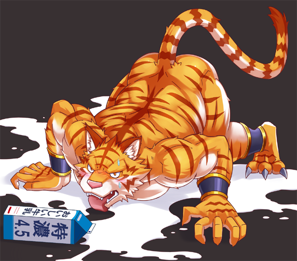 all_fours anthro butt licking looking_at_viewer male milk muscular muscular_sub nude simple_background solo submissive tongue tongue_out urakata5x felid mammal pantherine tiger