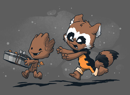 anthro barefoot chasing chibi clothing controller duo empty_eyes feet holding_object markings open_mouth open_smile orange_clothing plant remote_control ring_(marking) ringed_tail running simple_background size_difference smile striped_markings striped_tail stripes tail tail_markings tree alison_acton guardians_of_the_galaxy marvel groot rocket_raccoon elemental_creature elemental_humanoid flora_colossus flora_fauna humanoid mammal plant_humanoid procyonid raccoon