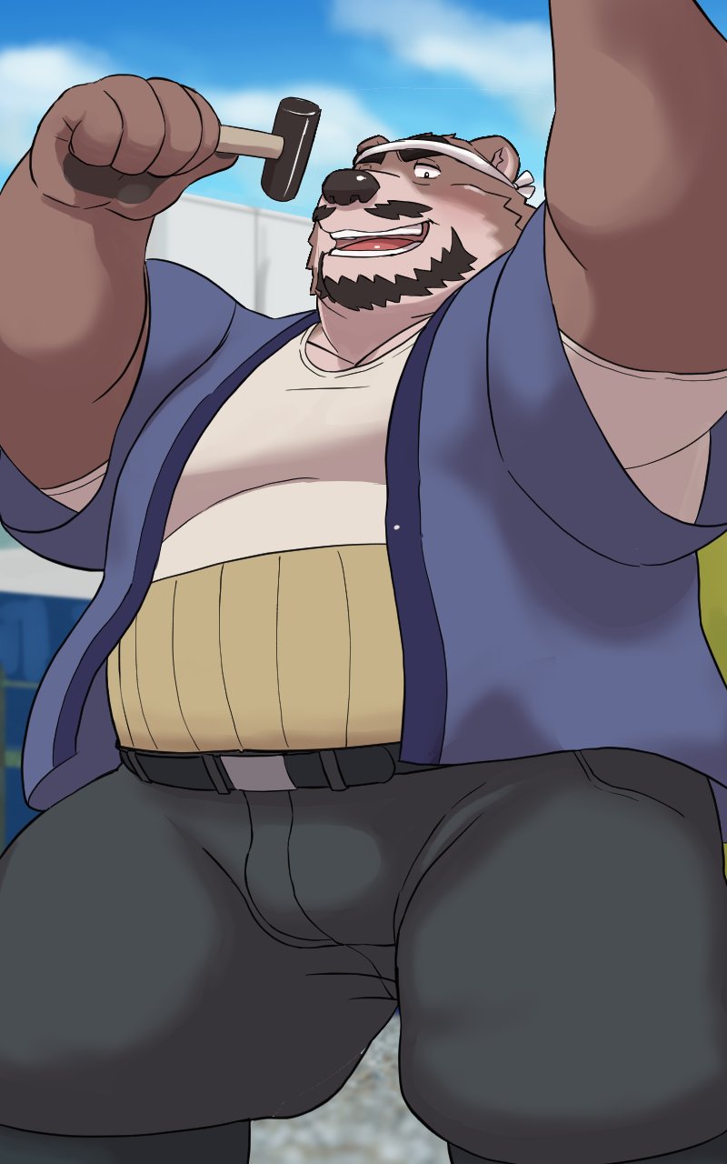 anthro beard belly big_belly bottomwear clothing facial_hair humanoid_hands kemono male mustache outside overweight overweight_male pants shirt solo topwear 00murice bear mammal 2024 5:8 hi_res