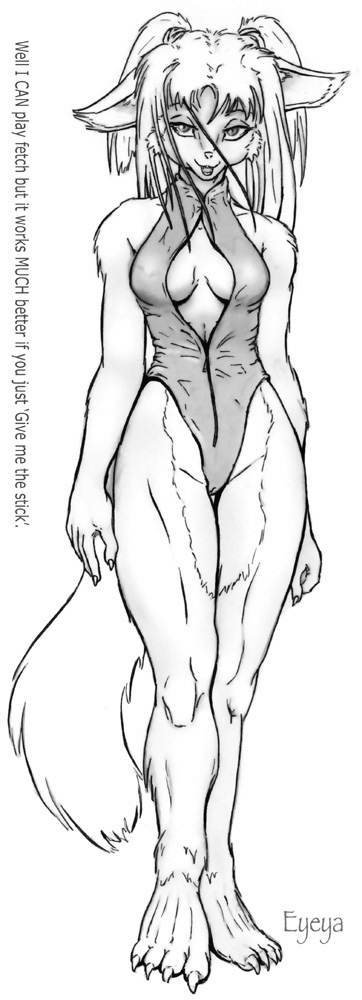 anthro bare_shoulders barefoot biped breasts cleavage clothed clothing ear_tuft feet female fur half-closed_eyes looking_at_viewer narrowed_eyes one-piece_swimsuit pigtails solo standing swimwear tail tuft unzipped_swimwear zipper zipper_down zipper_swimsuit zipper_swimwear eyeya canid canine canis domestic_dog mammal line_art monochrome