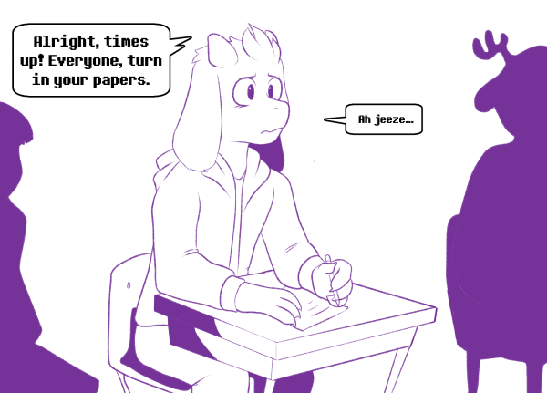 anthro class clothed clothing desk dialogue furniture group hoodie horn left-handed long_ears male paper pen sitting table text topwear writing_text fatz_geronimo undertale undertale_(series) asriel_dreemurr boss_monster_(undertale) bovid caprine goat mammal 2015 english_text