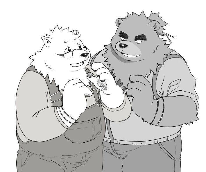 anthro black_nose clothing duo eyewear glasses humanoid_hands male overalls overweight overweight_male shirt simple_background topwear white_background tiger_cub shiro_to_kuro bear mammal polar_bear ursine 2016