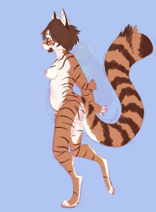 anthro breasts female nipples nude simple_background solo tail farorenightclaw farorenightclaw_(character) domestic_cat felid feline felis mammal tabby_cat