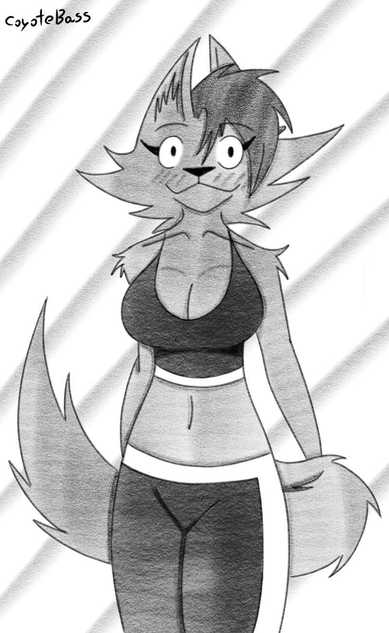 anthro big_breasts blush bra breasts clothed clothing female fur hair looking_at_viewer simple_background smile solo sports_bra sportswear tail thick_thighs underwear coyotebass xanny_(coyotebass) canid canine canis coyote mammal hi_res monochrome