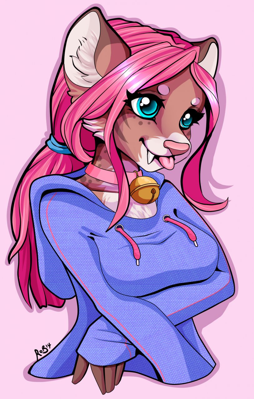 anthro bell blue_eyes breast_rest breasts clothed clothing collar eyebrows eyelashes fangs female hair hoodie pink_hair pink_nose pink_tongue ponytail smile solo teeth tongue tongue_out topwear robyn_paperdoll domestic_cat felid feline felis mammal closed_(disambiguation) digital_media_(artwork) hi_res shaded