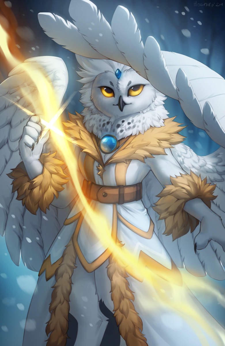 5_fingers anthro beak breasts clothed clothed_anthro clothed_female clothing feathers female fingers front_view looking_at_viewer outside snow snowing solo standing white_body white_feathers white_wings wings winter yellow_eyes hioshiru avian bird owl 2024 digital_media_(artwork) hi_res