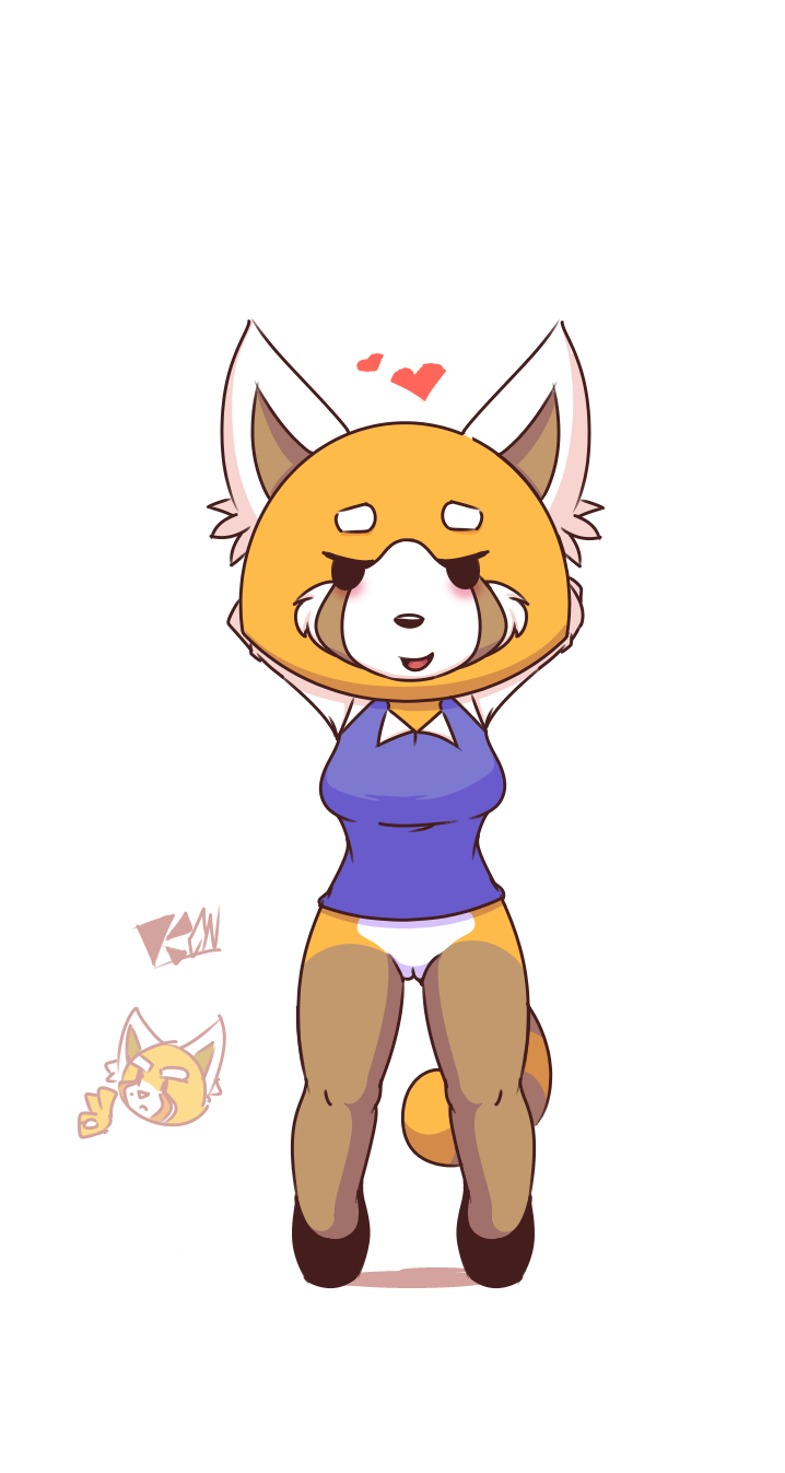 anthro blush bottomless clothed clothing duo female fur genitals gesture hand_gesture heart_symbol ok_sign pussy kcn aggretsuko sanrio resasuke retsuko ailurid mammal red_panda hi_res