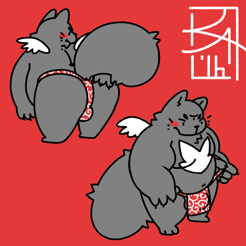 3_eyes anthro asian_clothing bulge clothing east_asian_clothing feathered_wings feathers fundoshi fur grey_body grey_fur japanese_clothing male multi_eye overweight overweight_male solo underwear whiskers wings galeon victor_(kalecreations) demon domestic_cat felid feline felis mammal 1:1