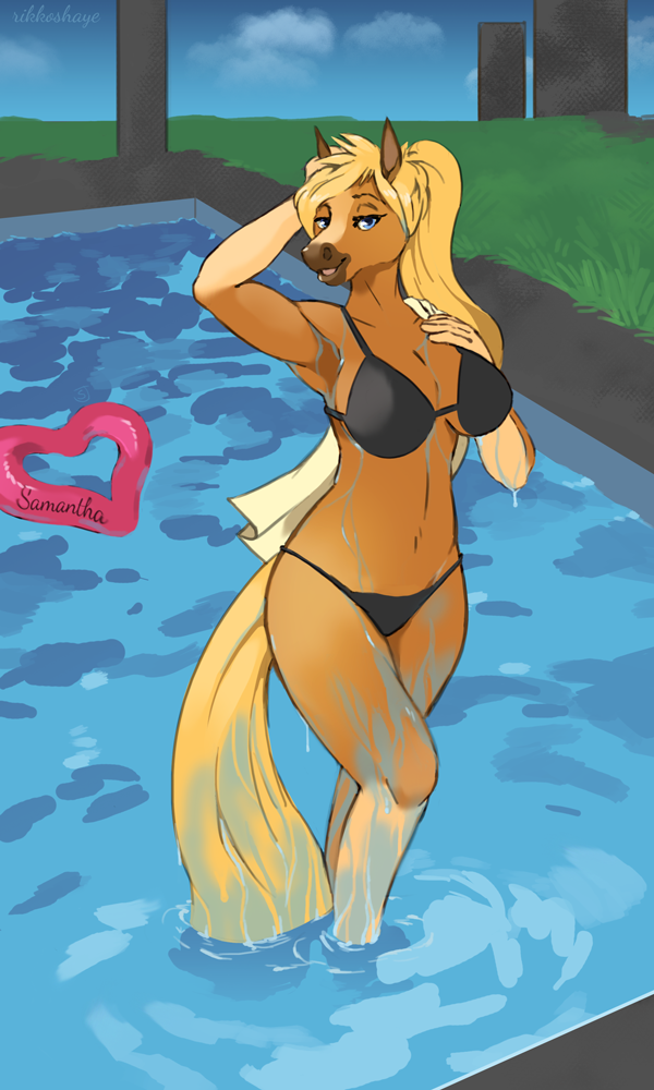 anthro big_breasts bikini biped blonde_hair blue_eyes breasts brown_body brown_fur cleavage clothed clothing detailed_background eyebrows eyelashes falling female fur gloves_(marking) grass hair half-closed_eyes leg_markings long_hair long_tail looking_at_viewer markings multicolored_body multicolored_fur narrowed_eyes partially_submerged plant ponytail pose socks_(marking) solo standing swimming_pool swimwear tail tan_body tan_fur tan_markings two-piece_swimsuit two_tone_body two_tone_fur water yellow_tail wooperworks samantha_(alistair) equid equine horse mammal 2016 3:5 digital_media_(artwork) signature