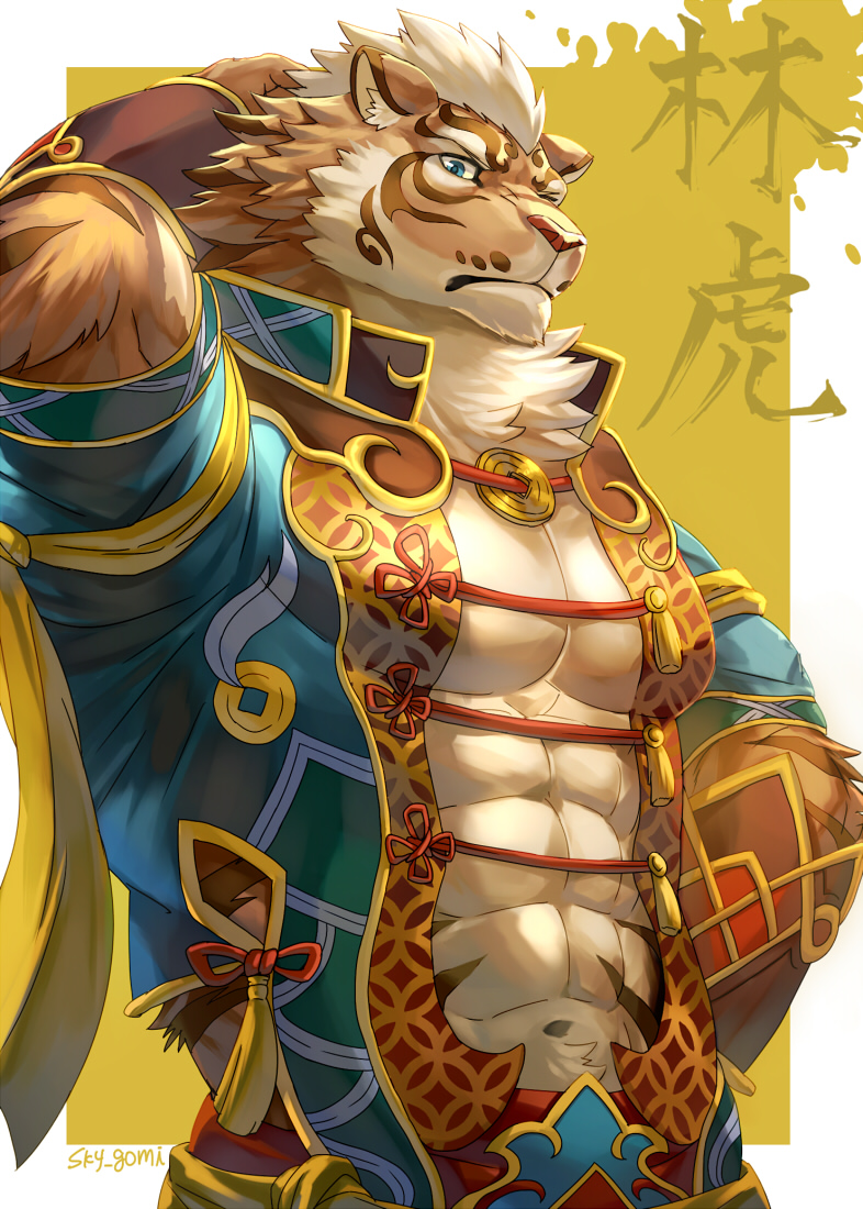 abs anthro asian_clothing blue_eyes chinese_clothing clothed clothing countershade_face countershade_fur countershading east_asian_clothing fur inner_ear_fluff male muscular muscular_anthro muscular_male pecs solo tuft sky_gomi nekojishi studio_klondike lin_hu felid mammal pantherine tiger character_name