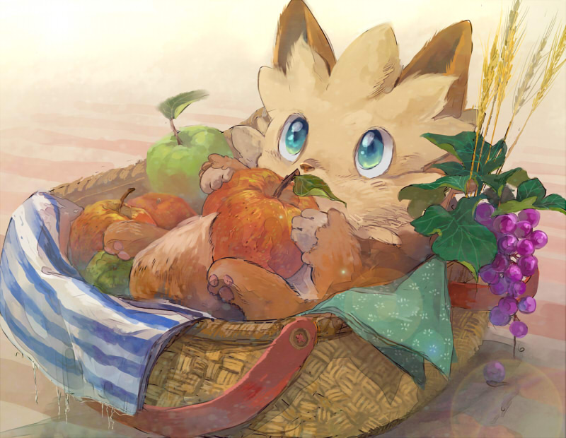 ambiguous_gender apple basket blue_eyes container feral food fruit plant solo young young_ambiguous young_feral hatihamu nintendo pokemon canid canine generation_5_pokemon lillipup mammal pokemon_(species) digital_media_(artwork) digital_painting_(artwork) painting_(artwork)