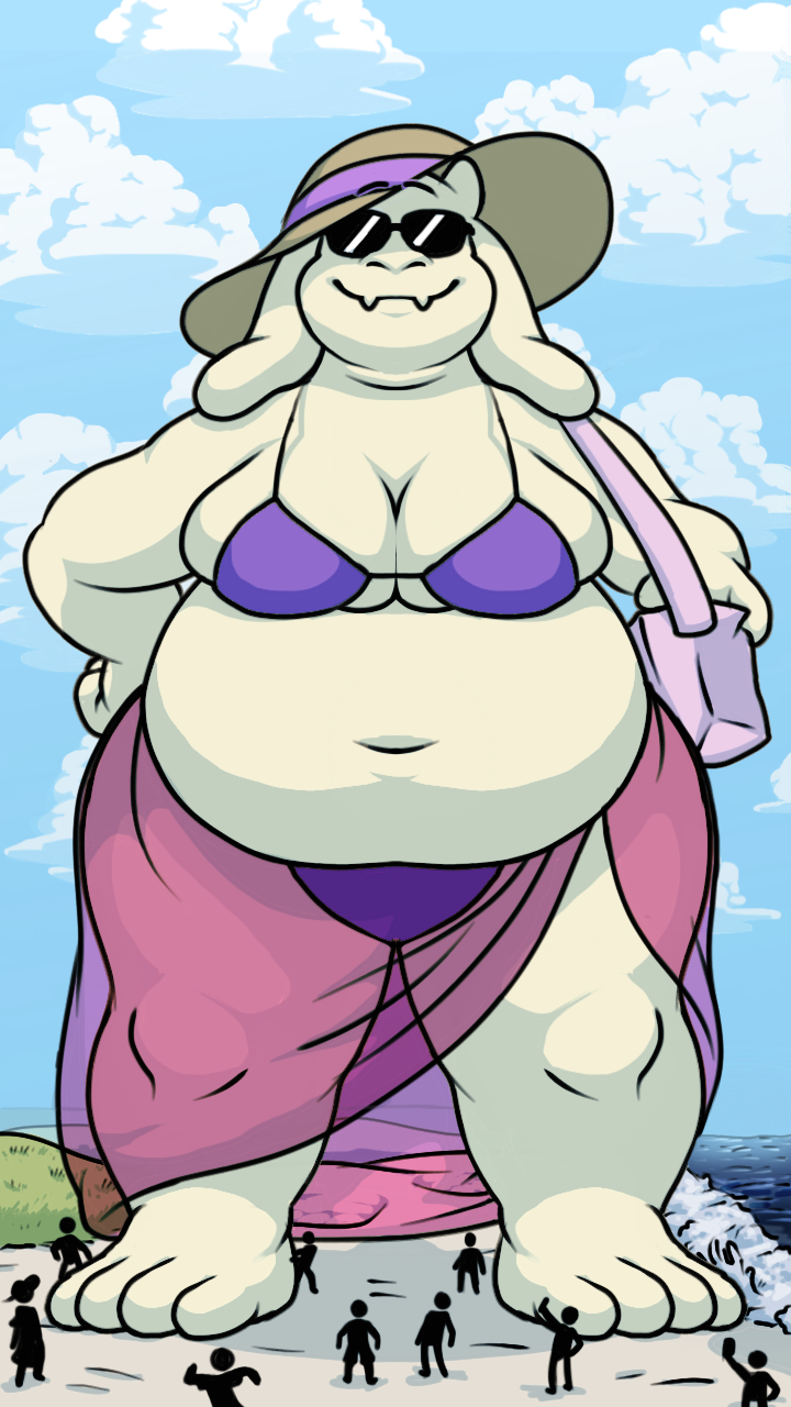 anthro beach belly breasts cleavage clothed clothing extreme_size_difference eyewear female fur hat headgear headwear macro obese obese_anthro obese_female overweight overweight_anthro overweight_female purse sarong sea_side size_difference sun_hat sunglasses thick_thighs white_body white_fur silverscarf undertale_(series) toriel boss_monster_(undertale) bovid caprine goat mammal 2017 9:16 hi_res