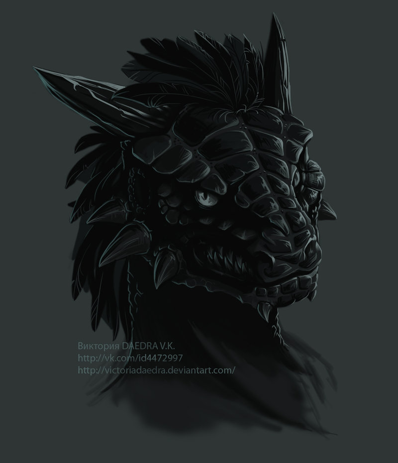 anthro feathers horn looking_at_viewer male scales solo text victoriadaedra bethesda_game_studios microsoft skyrim the_elder_scrolls atum-la argonian scalie 2012 alternate_version_at_source cyrillic_text dark_theme monochrome url