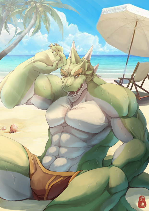 5_fingers abs anthro beach beach_chair biceps bodily_fluids brown_clothing brown_speedo brown_swimwear bulge clothing cloud coconut coconut_tree countershading drupe_(fruit) eyebrows fingers food fruit fruit_tree green_body green_scales horn looking_at_viewer male muscular muscular_anthro muscular_male open_mouth palm_tree parasol pecs plant pupils sand scales sea seashell seaside shading_eyes shell shoreline sitting sitting_on_ground sky slit_pupils solo speedo spread_legs spreading sweat swimwear tail tree water white_body yellow_eyes soddy mythology vaan_(zivanedison) dragon mythological_creature mythological_scalie scalie wingless_dragon 2015 digital_media_(artwork)