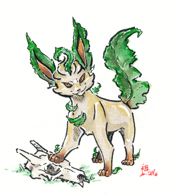 3_toes bone brown_eyes brown_hair evil_grin fangs feet female feral green_leaves hair pale_body skull smile solo teeth toes not-fun nintendo pokemon healer_(straviios) eeveelution generation_4_pokemon leafeon pokemon_(species) traditional_media_(artwork) watermark