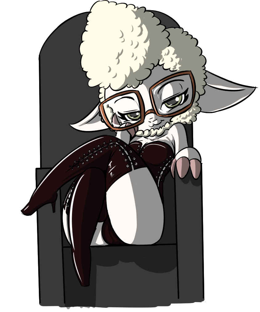 :3 anthro biped boots camel_toe chair clothing crown eyelashes eyewear female footwear fur furniture glasses green_eyes half-closed_eyes headgear high_heeled_boots high_heels leather legwear narrowed_eyes shoes sitting smile solo thigh_boots thigh_highs wool_(fur) vono basic_instinct disney zootopia dawn_bellwether bovid caprine domestic_sheep mammal sheep alpha_channel colored