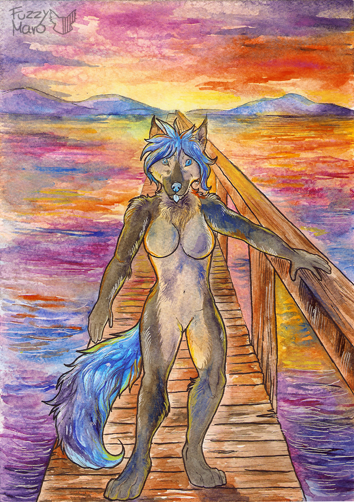 anthro blue_body blue_eyes blue_fur blue_hair blue_nose breasts featureless_breasts featureless_crotch female fur grey_body grey_fur hair multicolored_body multicolored_fur outside sea solo sunset water fuzzymaro canid canine canis mammal wolf painting_(artwork) traditional_media_(artwork) watercolor_(artwork)