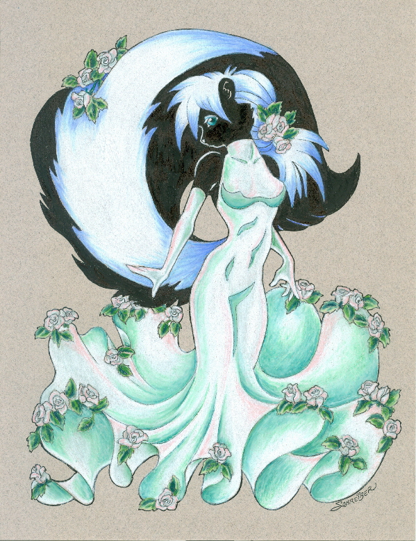 anthro black_body black_fur blue_eyes clothed clothing dress female flower fur gloves hair handwear leaf plant rose_(flower) simple_background solo white_background white_body white_fur white_hair sandy_schreiber mammal mephitid skunk