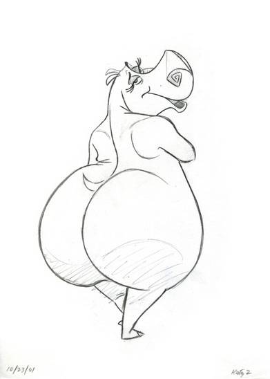 anthro big_butt bottom_heavy bubble_butt butt eyebrows eyelashes female huge_butt looking_at_viewer looking_back open_mouth raised_eyebrow smile solo thick_thighs wide_hips kathy_zielinski_(artist) dreamworks madagascar_(series) gloria_(madagascar) common_hippopotamus hippopotamid mammal monochrome sketch