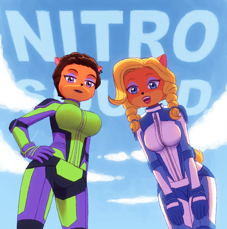 5_fingers anthro big_breasts black_nose blonde_hair breasts clothed clothing duo eyelashes female fingers fur hair smile kempferzero activision crash_bandicoot_(series) crash_team_racing_(series) crash_team_racing_nitro-fueled isabella_bandicoot liz_bandicoot bandicoot mammal marsupial 2019 digital_media_(artwork)