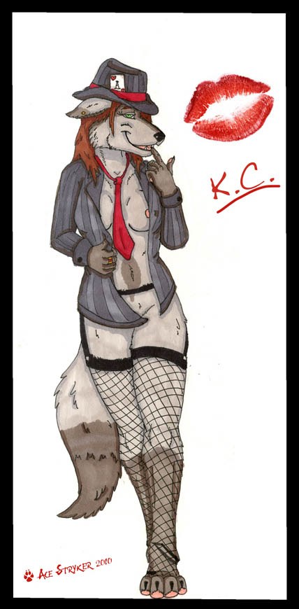 anthro black_border border breasts clothing female fishnet_clothing gangster legwear looking_at_viewer necktie nipples pose solo stockings tail ace_stryker canid canine canis mammal wolf 2010 pinup