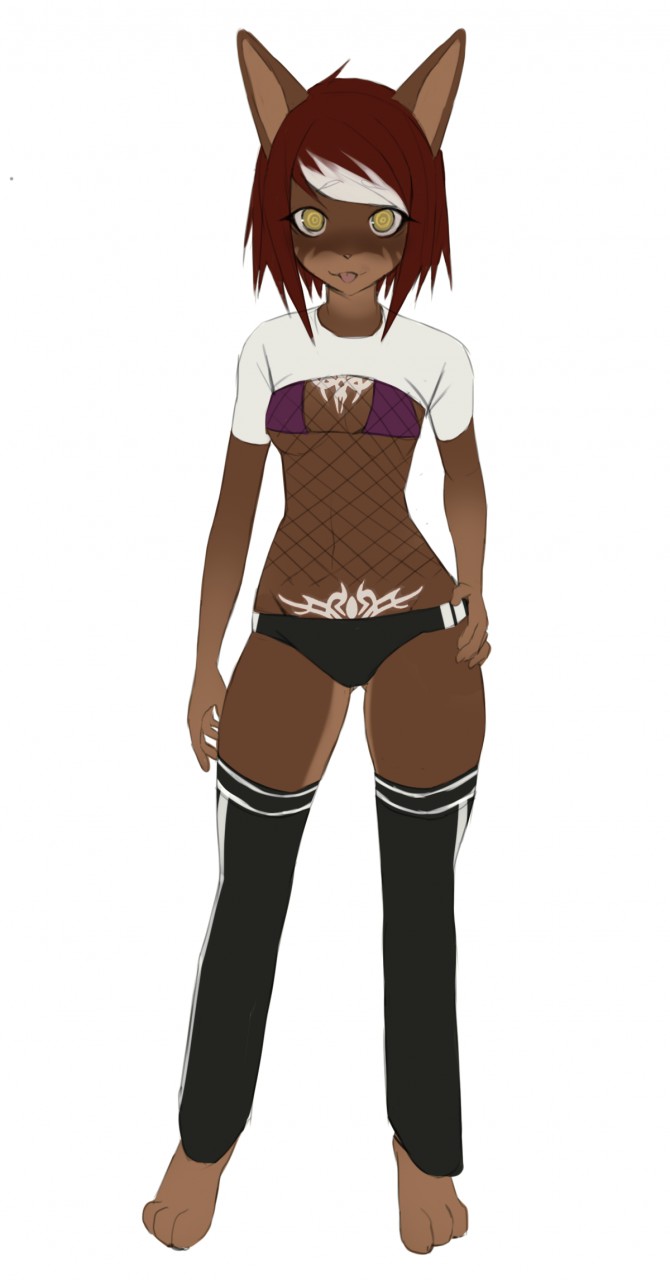 anthro black_clothing black_legwear black_panties black_thigh_highs black_underwear blep bra brown_body brown_fur clothing crop_top female fishnet_clothing fishnet_topwear footless_socks fur hair legwear multicolored_hair panties pubic_tattoo purple_bra purple_clothing purple_underwear red_hair scene_haircut shirt simple_background smile solo standing tan_clothing tan_crop_top tan_hair tan_shirt tan_topwear tattoo thigh_highs tongue tongue_out topwear two_tone_hair underwear white_background yellow_eyes rofortyseven mammal 2020 digital_media_(artwork) full-length_portrait hi_res portrait