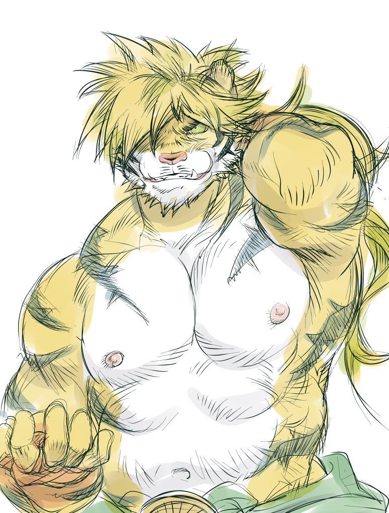 anthro areola belt biped black_stripes blonde_hair countershade_fur countershading fangs fur hair hand_behind_head male muscular muscular_anthro muscular_male nipples orange_body orange_fur pecs pink_areola pink_nipples pink_nose pose solo stripes teeth white_body white_fur wraps yellow_eyes goshingo1 lifewonders tokyo_afterschool_summoners macan_(tas) felid mammal pantherine tiger