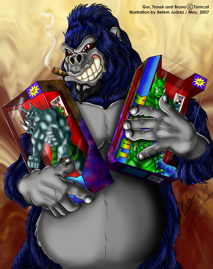 action_figure anthro blue_body blue_fur box cigar cigar_in_mouth cigar_smoke container fur grey_body grey_skin grin holding_object male object_in_mouth red_eyes smile smoke smoking solo jolyet bruno_rhynox gor_(tomcat) trassk ape gorilla haplorhine humanoid mammal orc primate rhinoceros 2007