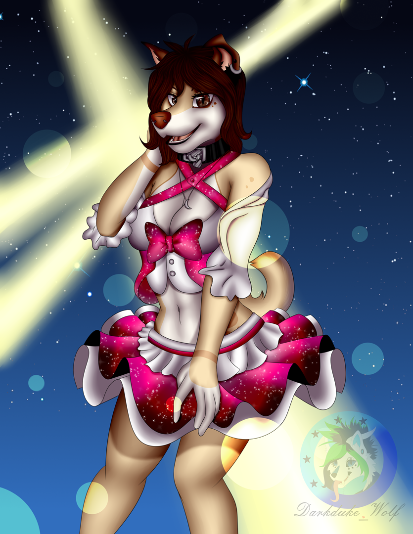 anthro bottomwear brown_body brown_fur brown_hair clothed clothing collar dress ear_piercing female fur hair lights looking_at_viewer multicolored_body multicolored_fur night piercing skirt solo star two_tone_body two_tone_fur darkdukewolf danika_(wolflady) canid canine canis domestic_dog mammal