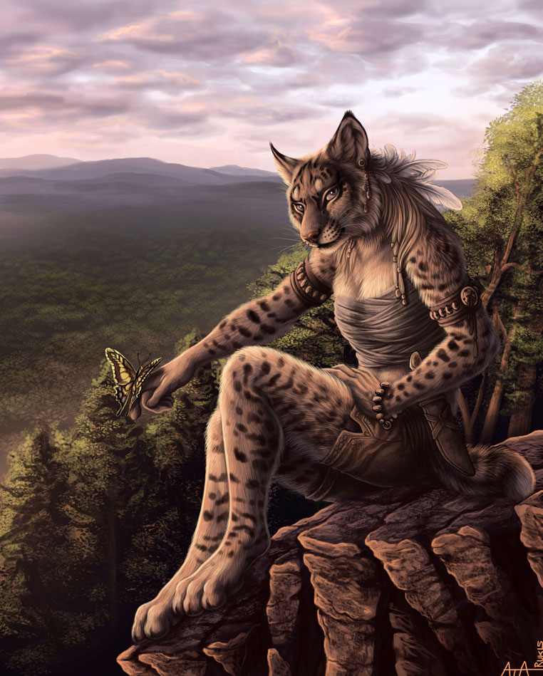 amazing_background ambiguous_gender anthro armband bandage bottomwear bracelet clothed clothing cloud detailed_background duo ear_piercing feathers female feral forest fur grey_eyes hair jewelry knife landscape larger_female looking_at_viewer markings mountain nature outside piercing plant pose rock scenic_view shorts sitting size_difference sky smaller_ambiguous smile solo_focus spots tan_body tan_fur tan_hair tree whiskers white_body white_fur rukis off_the_beaten_path shivah arthropod butterfly felid feline insect lepidopteran lynx mammal swallowtail_butterfly tiger_swallowtail detailed