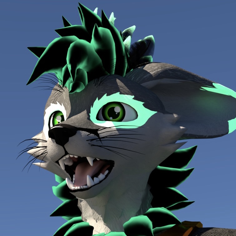 anthro black_hair canine_teeth fangs glistening glistening_eyes glistening_nose glowing glowing_markings green_hair hair male markings open_mouth solo teeth tongue tongue_out whiskers xevianlight xevian_(xevianlight) canid canine fox mammal rexouium 1:1 3d_(artwork) digital_media_(artwork) headshot_portrait icon portrait shaded