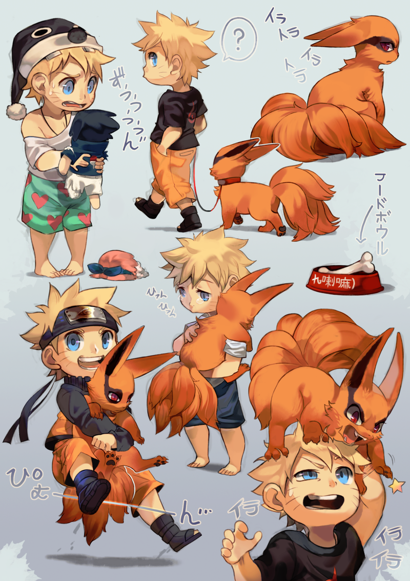 ambiguous_gender anthro black_nose blonde_hair blue_eyes bone chibi clothed clothing doll duo feral fur hair hat headgear headwear looking_at_viewer male multi_tail nude open_mouth orange_body orange_fur question_mark red_eyes simple_background smile standing tail teeth text tongue uzucake naruto kurama naruto_uzumaki sasuke_uchiha canid canine fox human mammal tailed_beast digital_media_(artwork) japanese_text smaller_version_at_source translated