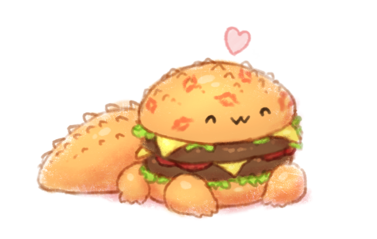 :3 ambiguous_gender beef burger cheese cheese_singles dairy_products daww eyes_closed food fruit happy heart_symbol kiss_mark lettuce meat plant simple_background sitting smile solo tomato vegetable white_background krocodilian food_creature hybrid reptile scalie