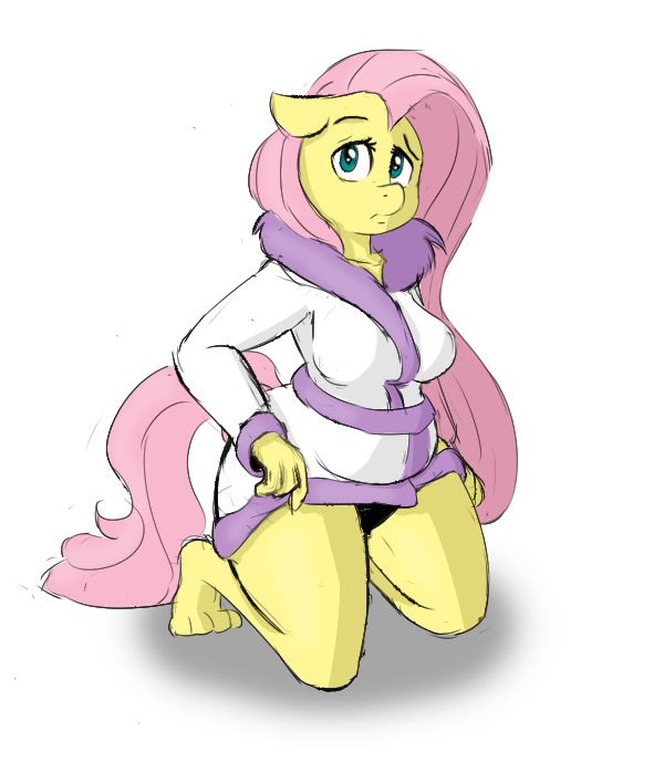 anthro anthrofied bathrobe clothed clothing female green_eyes hair looking_at_viewer pink_hair robe simple_background solo tail white_background yellow_body yellow_skin allosaurus_(artist) jalm third-party_edit friendship_is_magic hasbro my_little_pony fluttershy_(mlp) equid equine horse mammal pony 2013