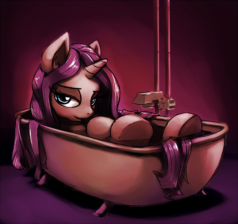 bathtub blue_eyes claw_foot_bathtub female feral hair horn long_hair looking_at_viewer purple_hair solo water gsphere friendship_is_magic hasbro my_little_pony mythology rarity_(mlp) equid equine mammal mythological_creature mythological_equine unicorn